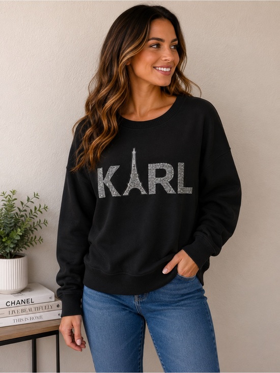 Karl Lagerfeld Tops - NWT Karl Lagerfeld Paris Rhinestone Eiffel Tower Sweatshirt Black M Oversized